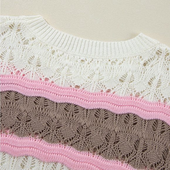 Brown Stripe Color Block Hollow Out Crochet Half Sleeve Sweater Bohemian Blouse - Picture 10 of 11